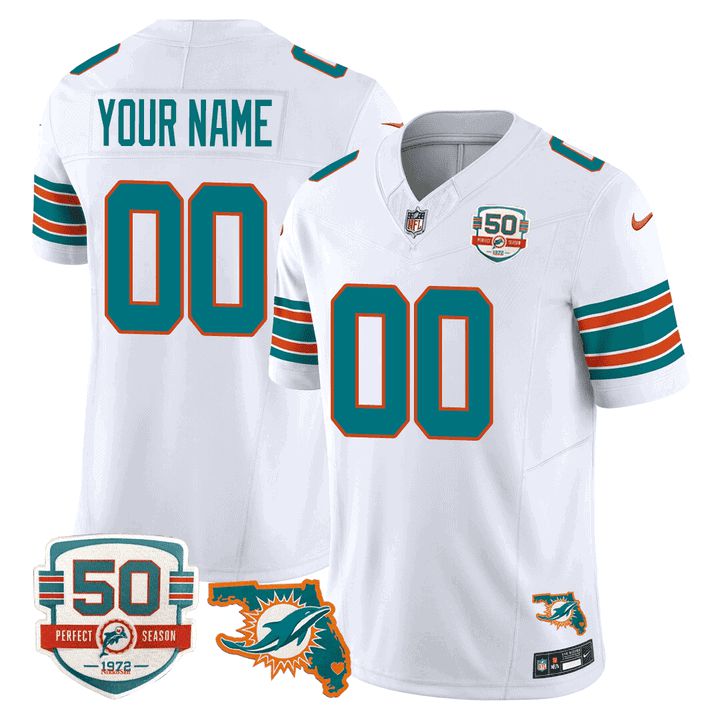 Men Miami Dolphins White 2024 Nike Throwback 50th Perfect Season Florida Patch Vapor Custom NFL Jersey